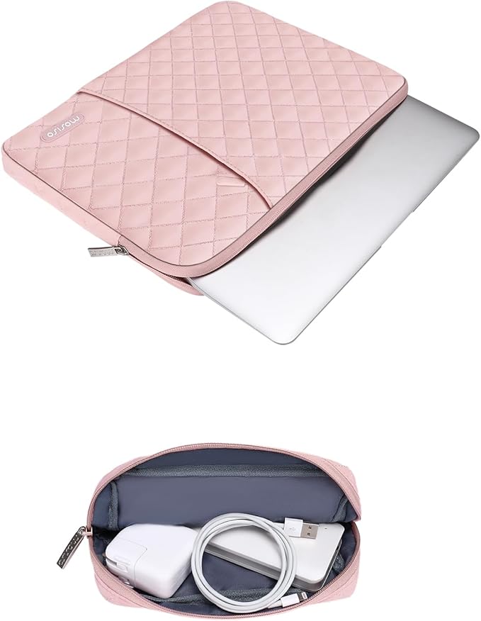 MOSISO Laptop Case 15 inch, 15 inch Laptop Sleeve Compatible with MacBook Air M4 M3 M2 2025 2024 2023, Dell XPS Plus, Square Quilted Vertical Computer Bag with Pocket&Small Case, Chalk Pink
