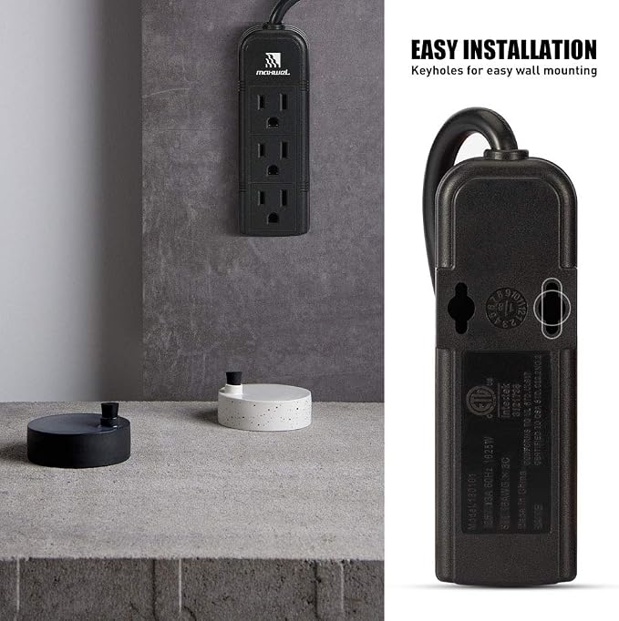 Power Strip Wall Mountable - ETL Listed 3 Grounded Outlets 10 Inch Braided Short Cord Black Mini Power Strips with No Surge Protector AC 13A 125V 1625W Outlets Compact Extension for Travelling