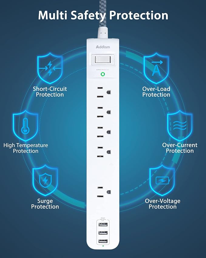 Surge Protector Power Strip - 10 FT Long Extension Cord with 5 Widely AC Outlets 3 USB Ports, Flat Plug with Overload Surge Protection for Home, Office, Dorm Essentials (2 Pack)