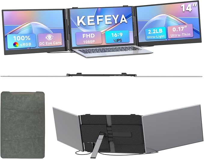 Triple Laptop Screen Extender 0.17" Ultra-Thin, 14" 1080P FHD Portable Monitor for Laptops 13-17.3", Laptop Monitor Extender 2.2 LB Lightest, USB-C HDMI Plug-Play for Mac Windows PS Switch Work Travel