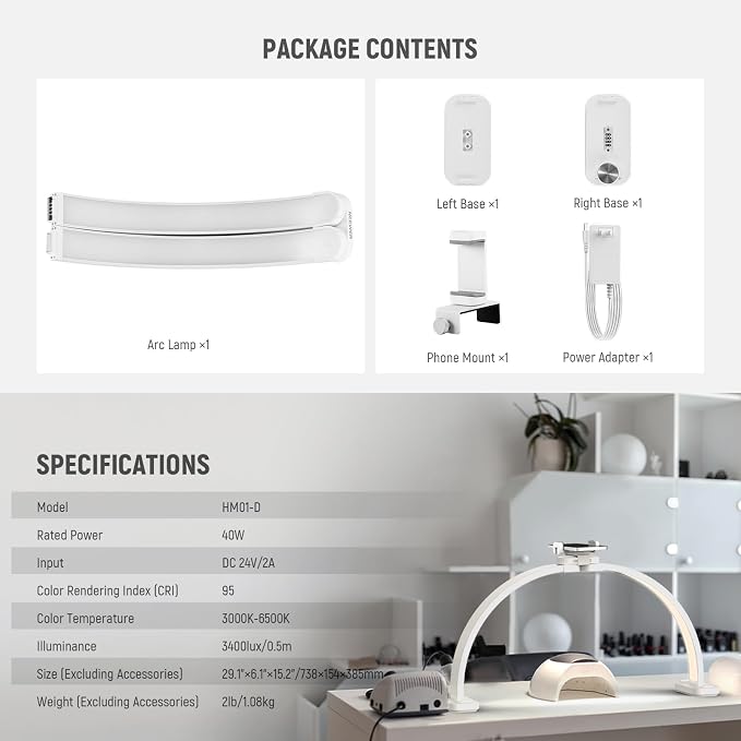 NEEWER Basic HM01-D 29" Arc Lamp, 40W Foldable LED Half Moon Table Nail Tech Light for Desk 3000K-6500K 3400lux/0.5m CRI95 USB Charging Phone Holder for Manicure Makeup Beauty Tattoo Overhead Shooting