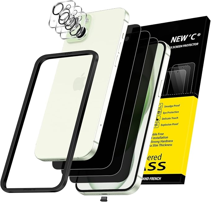 NEW'C 3x Privacy for iPhone 15 Plus Screen Protector (6.7 inches)+ 3x Camera Lens Protector, Sensor Protection, Case Friendly Tempered Glass Film + Dust Plug - Easy installation tool included