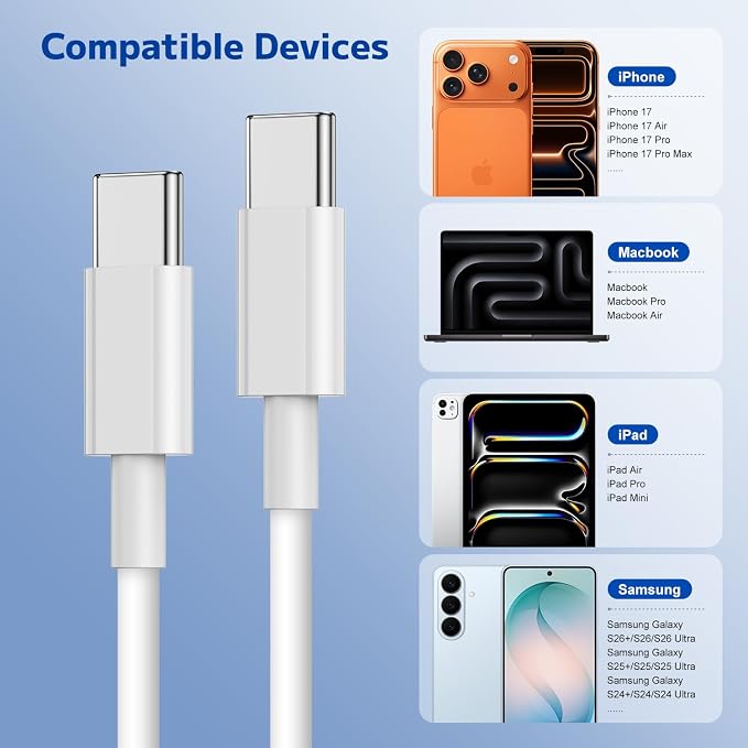 240W Long USB C to C Fast Charger Cable 10ft, Type C to C Super Fast Charging Cord for MacBook Pro/MacBook Air/iPad Pro/Air/Apple iPhone 17 Pro Max/16 15 Plus/Samsung Galaxy S25 S24 S23 Ultra/Laptops
