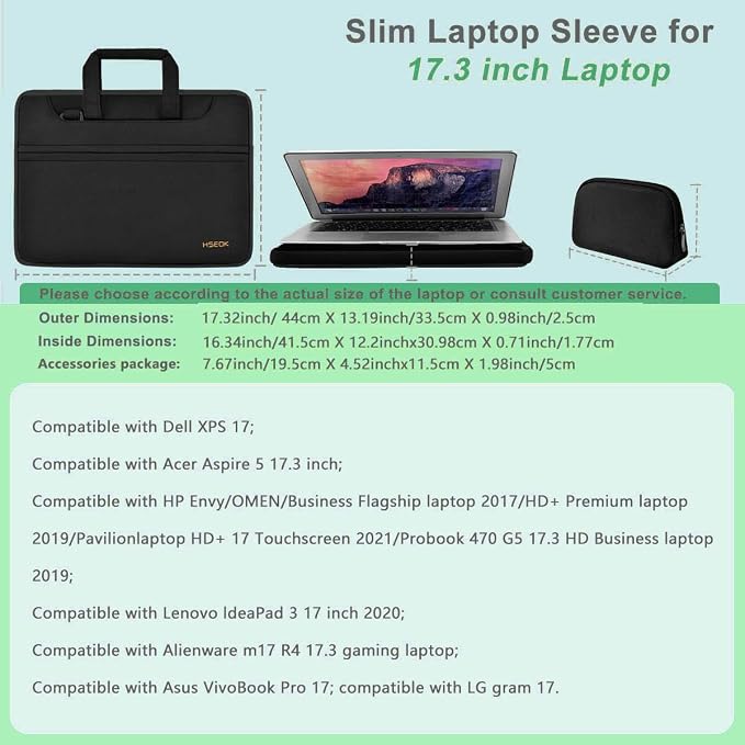 Hseok Laptop Shoulder Bag 17-17.3 inch Case, Durable Shockproof Protective Briefcase with Multi-Pockets Compatible with Lenovo Most 17-17.3 inch HP Acer Dell ASUS MSI Notebooks,Black