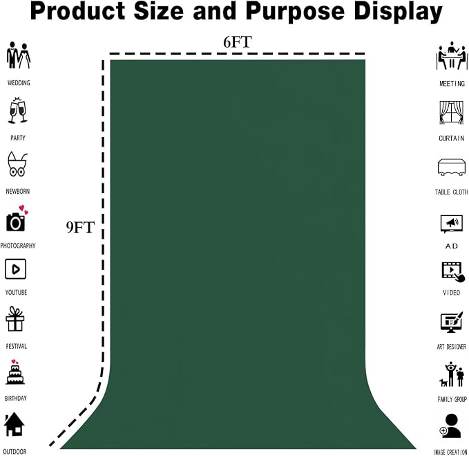6x9FT Dark Green Screen Backdrops for Photography, Virtual Green Screen Backdrop Pieces for Zoom Meetings, Curtains for Party Decoration Video Shooting