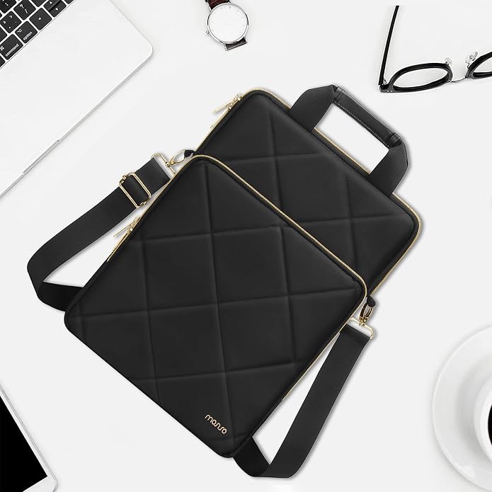 MOSISO Vertical Laptop Bag,Computer Bags,Rhombus Quilted Laptop Shoulder Bag with Trolley Sleeve&Pocket&Handle