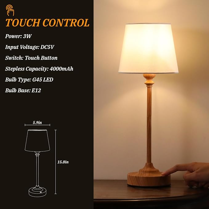 Kakanuo Cordless Table Lamps Rechargeable Set - 2 Pack Wooden 4000mAH Battery Operated Lamps for Decor, 3000K Stepless Dimming Touch Control Wireless Lamps for Bedroom, Dining Table