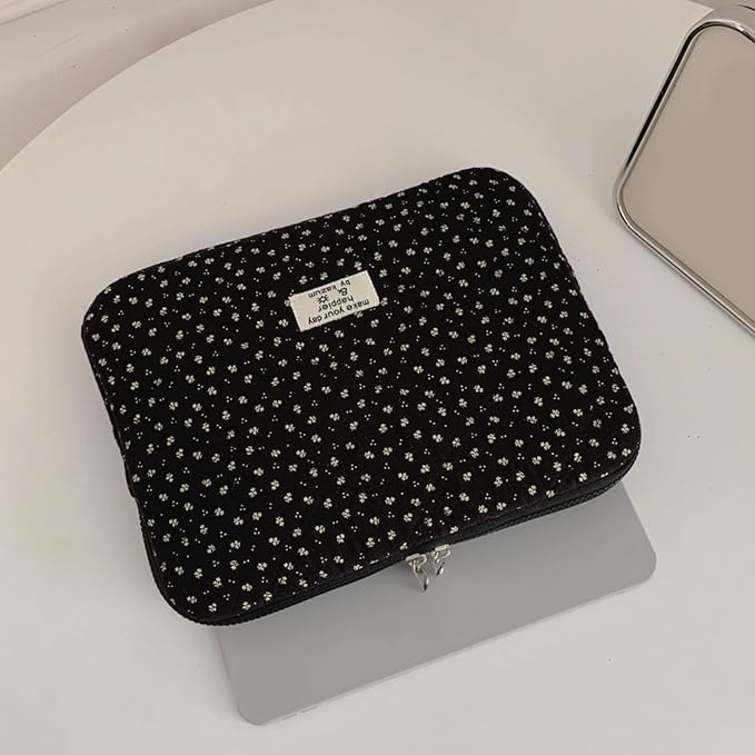 Puffy Laptop Sleeve 13-15.6 Inch Corduroy Quilted Laptop Protective Case Cute Floral Computer Sleeve Protective for MacBook (Black Ditsy Floral, 13-14 Inch)