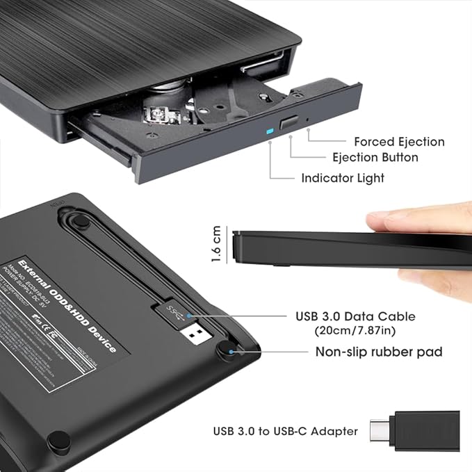 ROOFULL USB 3.0 & USB-C External CD DVD Drive with Protective Carrying Case, Portable CD DVD Optical Disc Drive Reader Writer Burner Player for Laptop PC Windows 11/10 Mac MacBook Linux OS