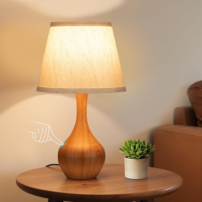 Seealle Touch Table Lamp for Bedroom, 3-Way Dimmable Small Bedside Lamps for Night Stands with Wires, Wood Desk Lamp for Kids Room, Office, Living Room, End Table(LED Bulb Included)