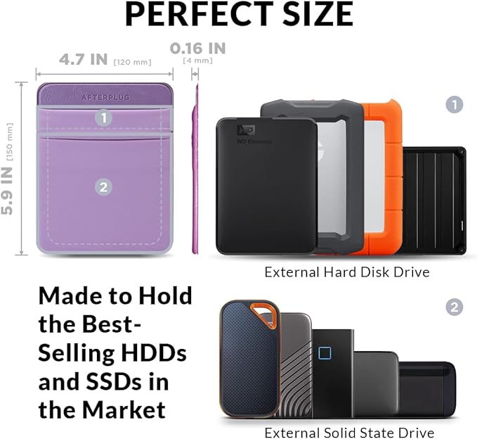 2-Pocket Adhesive Hard Drive Holder for Laptop, Stick-On Pocket Pouch for External Portable SSD, HDD, Slim Mouse and Cables (Large - Fits SSD & 2.5" Drives)