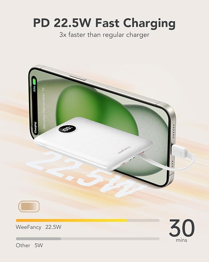 Mini Portable Charger with Built-in Cables 20W Fast Charging Power Bank USB-C Small Battery Pack 10000mAh Travel Essential Slim Battery for iPhone 17/16/15/14, Samsung 25/24, and More