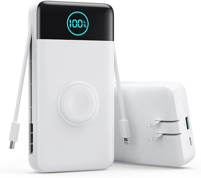 Portable Charger for iPhone, 40800mAh Power Bank with Built-in Cables & AC Wall Plug, 5 Outputs USB C Fast Charging External Battery Pack for iPhone 17/16/15/14, Android, Travel Essential (White)