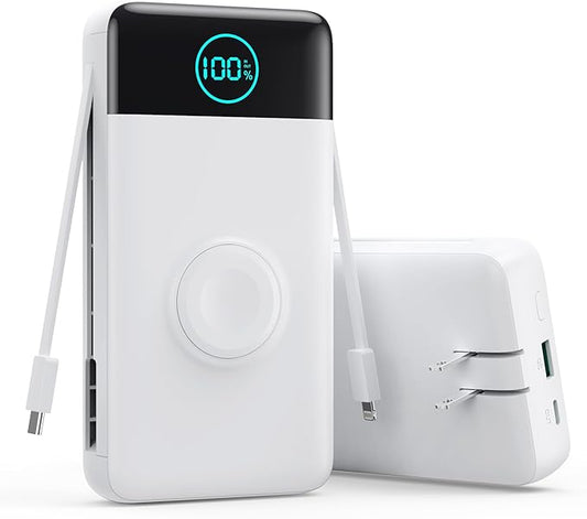 Portable Charger for iPhone, 40800mAh Power Bank with Built-in Cables & AC Wall Plug, 5 Outputs USB C Fast Charging External Battery Pack for iPhone 17/16/15/14, Android, Travel Essential (White)
