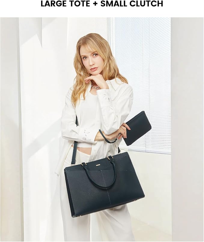 LOVEVOOK Laptop Tote Bag for Women, Leather Business Office Work Bag Computer Briefcase with Small Clutch fit for 15.6 Inch Laptop Green