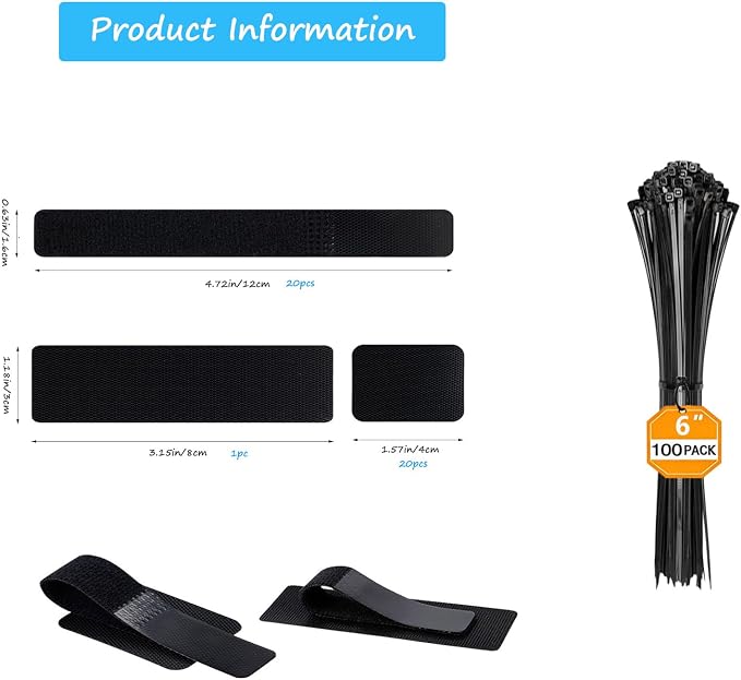 Under Desk Cable Management Set - 20 Pair Adjustable Hook and Loop Cable Ties with Adhesive Backing + 100 Pack 6 Inch Zip Ties, Complete Cord Organizer Kit for Home Office Desk Wire Management (Black)