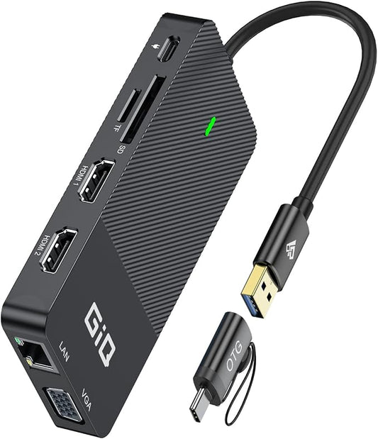 USB Docking Station GIQ USB C HUB USB 3.0 to Dual HDMI VGA Adapter Triple Display USB C Laptop Docking Station Dual Monitor HDMI Splitter Extender Compatible with MacBook M1 M2 USB Dock-Black