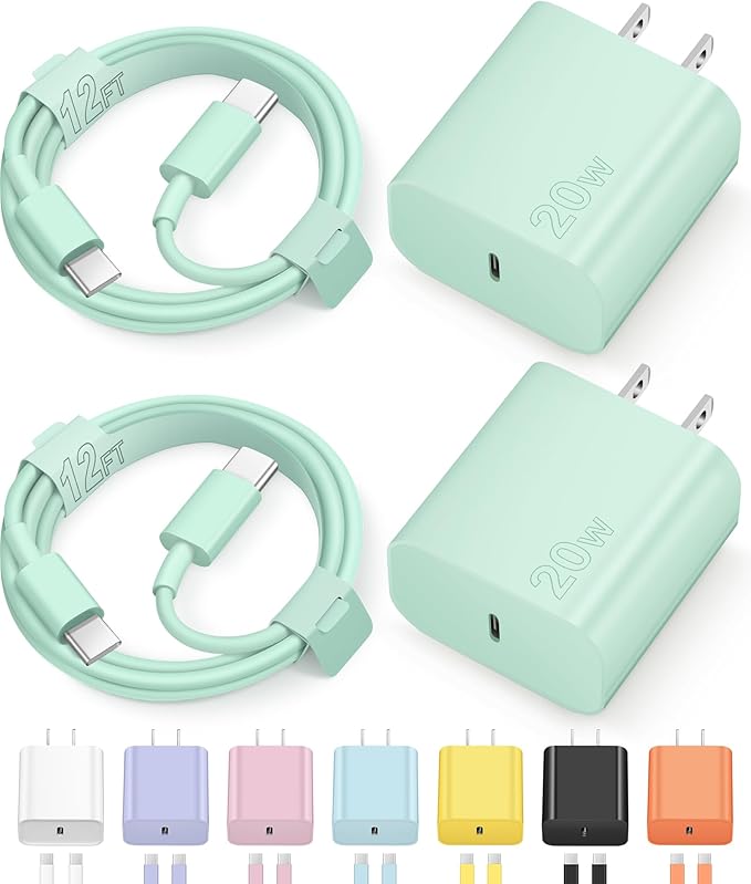 12FT iPhone 17 16 15 Charger Fast Charging USB C Charger Block Type C Chagrer Fast Charging 2-Pack for iPhone 17/17 Plus/17 Pro/17 Pro Max/iPhone 16/16 Plus/16 Pro/16 Pro Max/15 Pro Max/Samsung(Green)