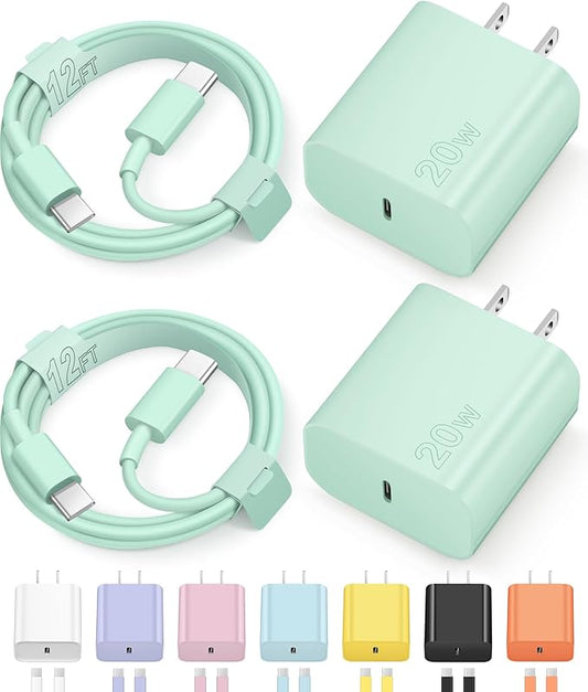 12FT iPhone 17 16 15 Charger Fast Charging USB C Charger Block Type C Chagrer Fast Charging 2-Pack for iPhone 17/17 Plus/17 Pro/17 Pro Max/iPhone 16/16 Plus/16 Pro/16 Pro Max/15 Pro Max/Samsung(Green)