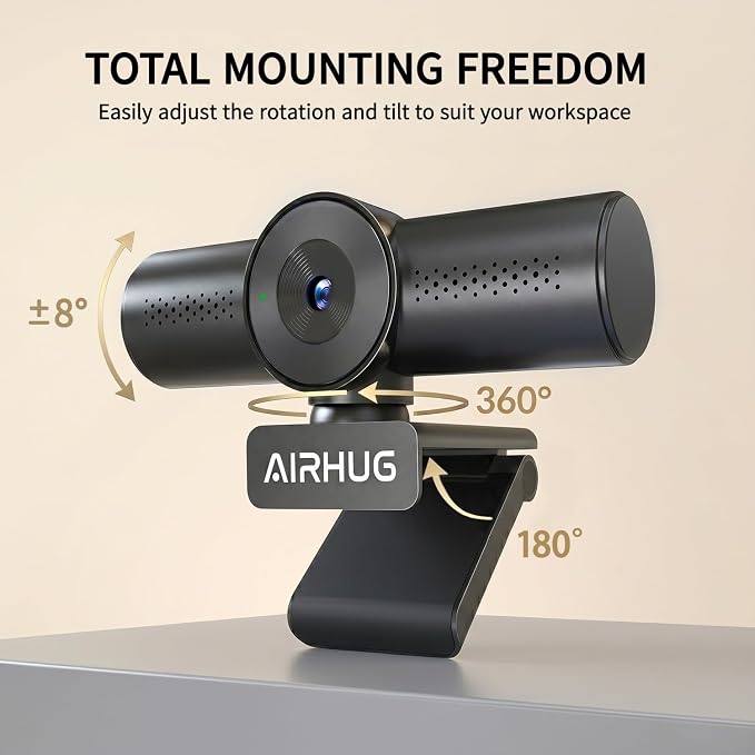 AIRHUG 4K 30fps Webcam - Sony 16MP Sensor, PDAF Autofocus, Auto Light Correction, Dual Omnidirectional Mics, 63° Focused View for Streaming Camera, Built-in Privacy Cover, Plug & Play for Windows/Mac