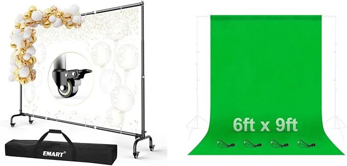 EMART Rolling Backdrop Stand with Wheels with 6 x 9 Ft Green Screen Backdrop