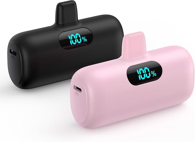 [2 Pack] Small Portable Charger for iPhone14/13, 5000mAh PD Fast Charging Power Bank, LCD Display Cute Mini Battery Pack Compatible with iPhone 14/14 Pro Max/13/13 Pro/12 Pro/11/XR/X/8-Black+Pink