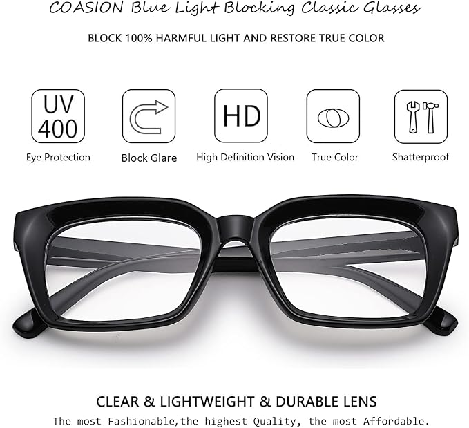 COASION Blue Light Blocking Eyeglasses Classic Thick Square Rim Frame Eyewear for Women Men