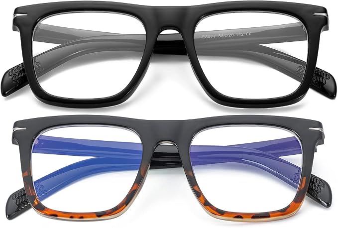 Trendy Square Blue Light Blocking Glasses for Men Women, Fashion Frame Non-prescription Computer Glasses (Black+Black/Tortoise)