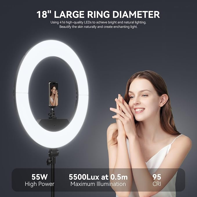 18 Inch Ring Light Kit, 55W6700k Dimmable LED Light, Tripod Stand, Remote Controller,Box,CRI95,Black