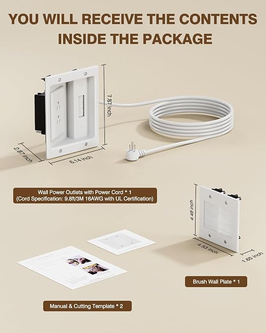 in-Wall TV Cable Management Kit, Recessed Dual AC Outlet Box w/Brush Wall Plate, 9.8FT, UL Listed Safe Design, Easy DIY Install w/Hardware & Hand Saw, Cable Hider for Wall-Mounted TV & Home Theater