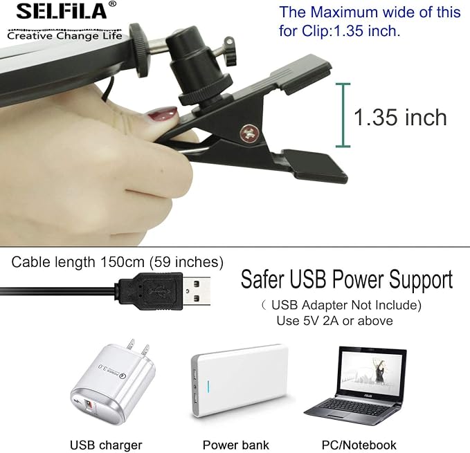 Selfila Ring Light 5 Inch USB Portable, 3200K-6500K Dimmable LED Clip on for Laptop Computer Monitor Phone, Content Creator Makeup Conference Selfie Video (Black)