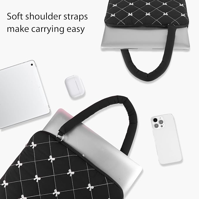 Cute Bow Laptop Case Coquette 13-15 Inch Puffy Laptop Sleeve Accessories Aesthetic Quilted Computer Bag for MacBook (Black, 13-14inch)