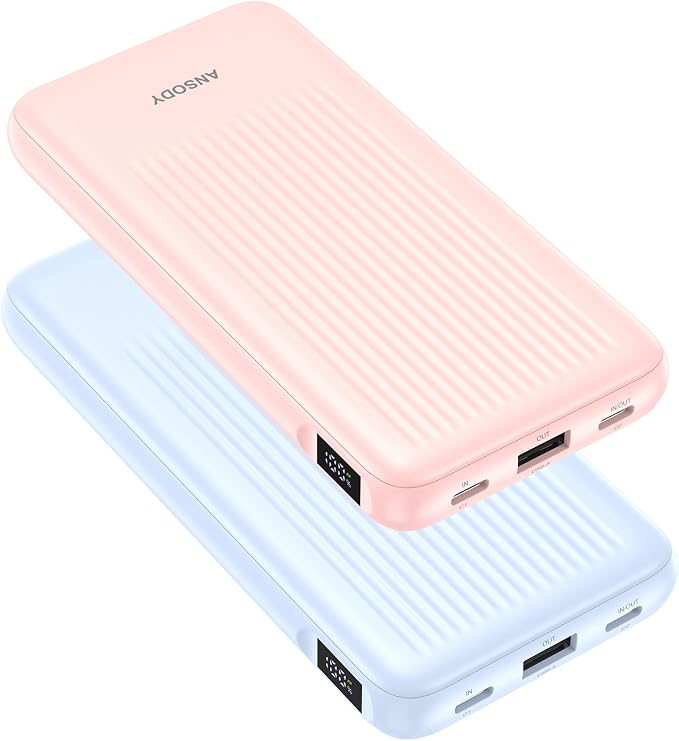 2-Pack 10000mAh Power Bank Fast Charging, 22.5W Compact USB C Portable Charger with 2 Outputs & 2 Inputs, LED Display Battery Pack Compatible with iPhone Samsung iPad Tablets, Blue & Pink