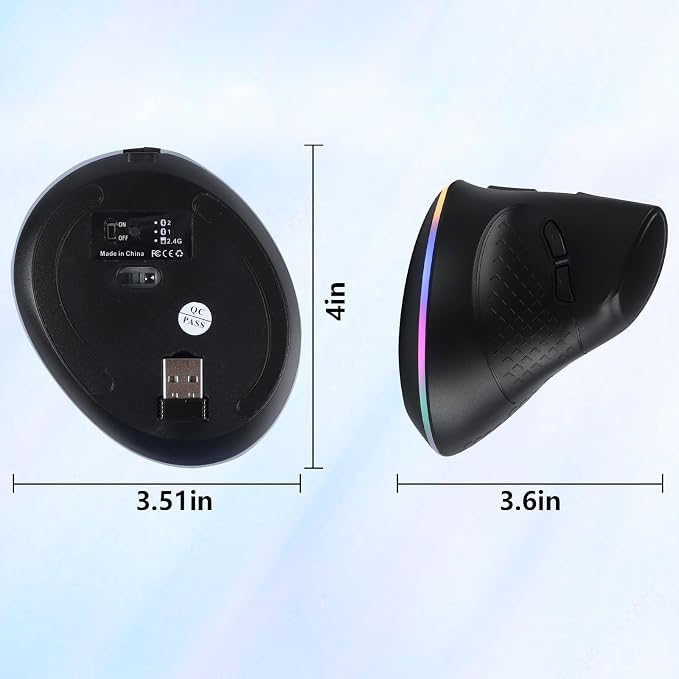 Wireless Mouse, Vertical Ergonomic Mouse 2.4G Bluetooth Dual Mode 3 DPI Rechargeable Connect Multiple Devices Vertical Mouse 6 Buttons and RGB Lights Suitable for PC Laptop Computer(Black)