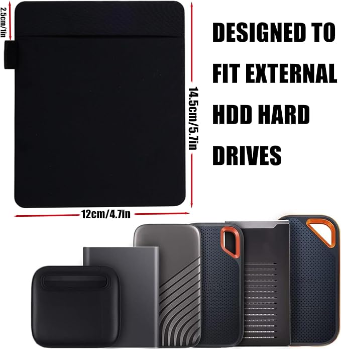 RIVEENY Portable Hard Drive Sleeve for Laptop, Adhesive Pouch for Laptop, Compatible with External Portable SSD, USB Cable Battery Pack, Wireless Mouse, Cables, Earphones (Black)