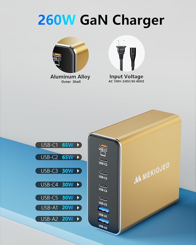 Aluminum Alloy 260W USB C Charger GaN Fast USB C Charging Station 7 Ports 65W Laptop Charger for MacBook Pro/Air/iPad Pro/iPhone (Glod)