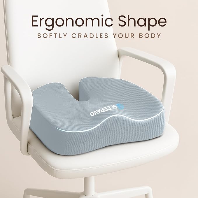 Sleepavo Office Chair Cushion - Seat Cushion for Tailbone Pain Relief - Butt Pillow for Coccyx, Sciatica, and Lower Back Pain - Orthopedic Chair Pad for Lumbar Support in Office Desk (Gray)