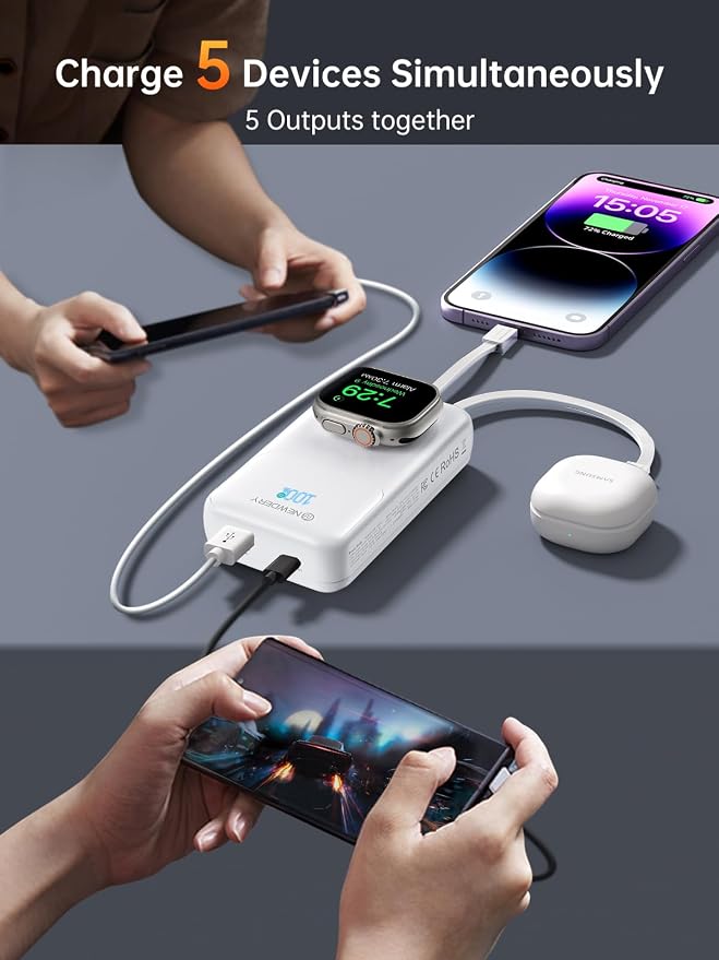 NEWDERY 5-in-1 Portable Charger 20000mAh Power Bank for Apple Watch/iPhone, PD 20W Fast Charging with LED Display, Built-in 2 Cables, Travel Battery Pack Compatible with iWatch, iPad, Samsung