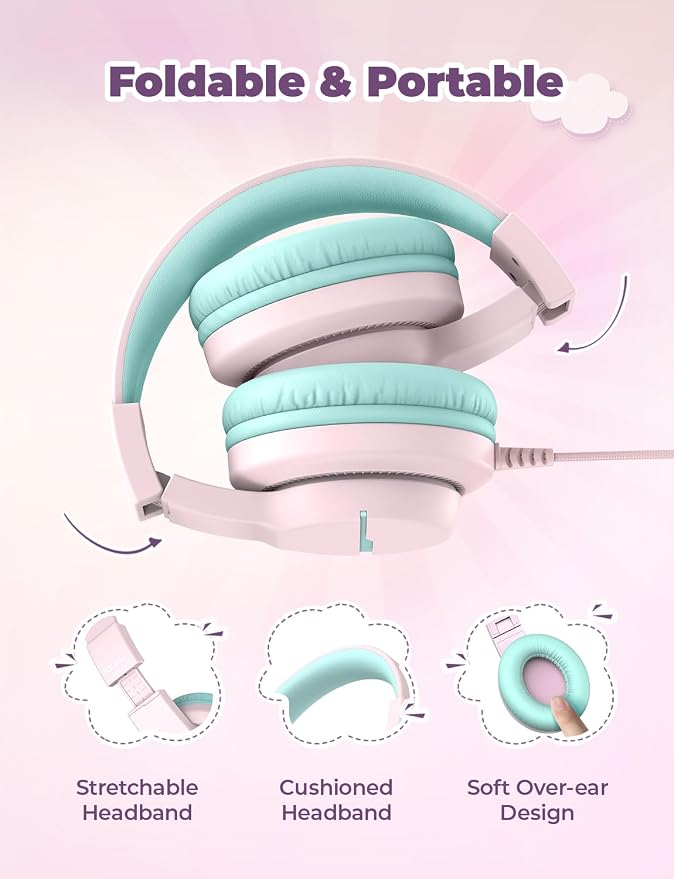iClever HS19 Kids Headphones with Microphone for School, Safe Volume Limited, Over-Ear Girls Boys Headphones for Kids with Shareport, Foldable Wired for iPad/Travel (Pink)
