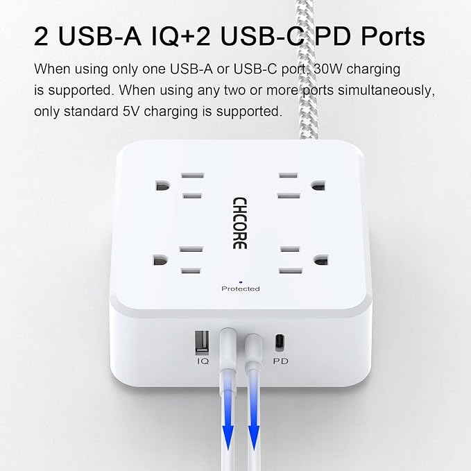 5Ft Flat Plug Braided Extension Cord - CHCORE Surge Protector Power Strip with 8 Outlets and 2 USB-C (PD 30W) Fast Charging Ports and 2 USB-A Ports for Home, Office, Dorm Room Essentials, ETL, White