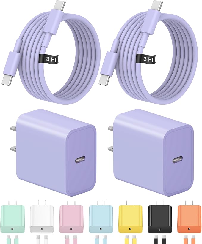 3FT iPhone 17 16 15 Charger Fast Charging USB C Charger Block Type C Chagrer Fast Charging 2-Pack for iPhone 17/17 Plus/17 Pro/17 Pro Max/iPhone 16/16 Plus/16 Pro/16 Pro Max/15 Pro Max/Samsung(Purple)