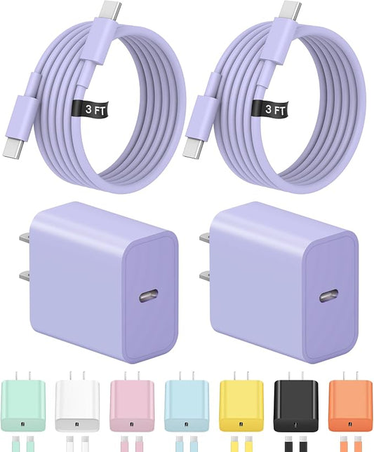3FT iPhone 17 16 15 Charger Fast Charging USB C Charger Block Type C Chagrer Fast Charging 2-Pack for iPhone 17/17 Plus/17 Pro/17 Pro Max/iPhone 16/16 Plus/16 Pro/16 Pro Max/15 Pro Max/Samsung(Purple)