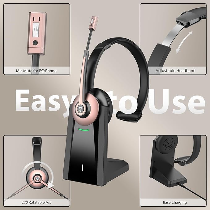 Wireless Headset with Mic for Work, Bluetooth Headset with Noise Cancelling Mic & USB Dongle for Meeting, Single Ear Work Headset with Charging Base & Mute for Teams/Zoom/Home/Office/Computer/Laptop