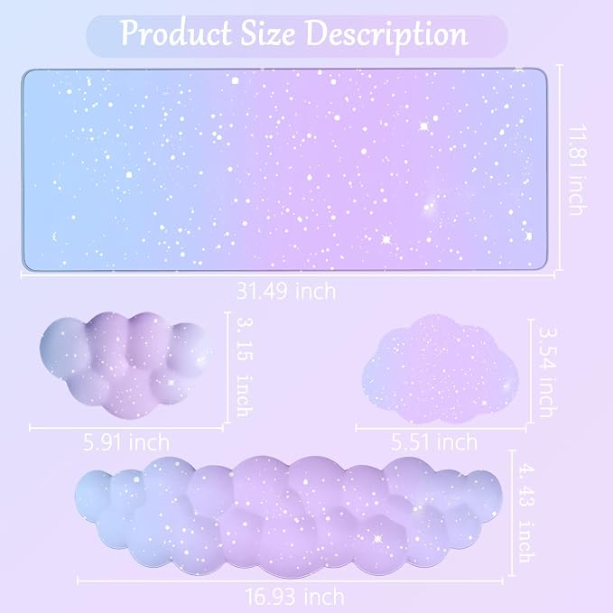 Cloud Mouse Pad Keyboard Wrist Rest 4PCS Extended Large Galaxy Stars Desk Mat Pad Set Memory Foam Non-Slip Cute Ergonomic Gaming Mouse Pad Wrist Support for Computer Home Office Purple Blue