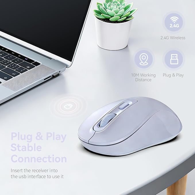 Wireless Mouse, 2026 New Model, Silent Click Ergonomic Design, Portable, 4 Buttons, Adjustable DPI (800/1200/1600), for Laptop/PC/Office (Violet)