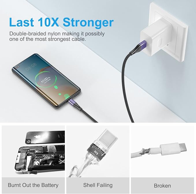 USB Type C Cable Fast Charging,3pack 10ft Premium Nylon Braided 3A Rapid Charger Quick Cord,Type C to A Cable Compatible for Samsung Galaxy S21 S20 S10 S9 S8 Plus,Note 20 10 9 8, LG V50 V40 G8（Purple）