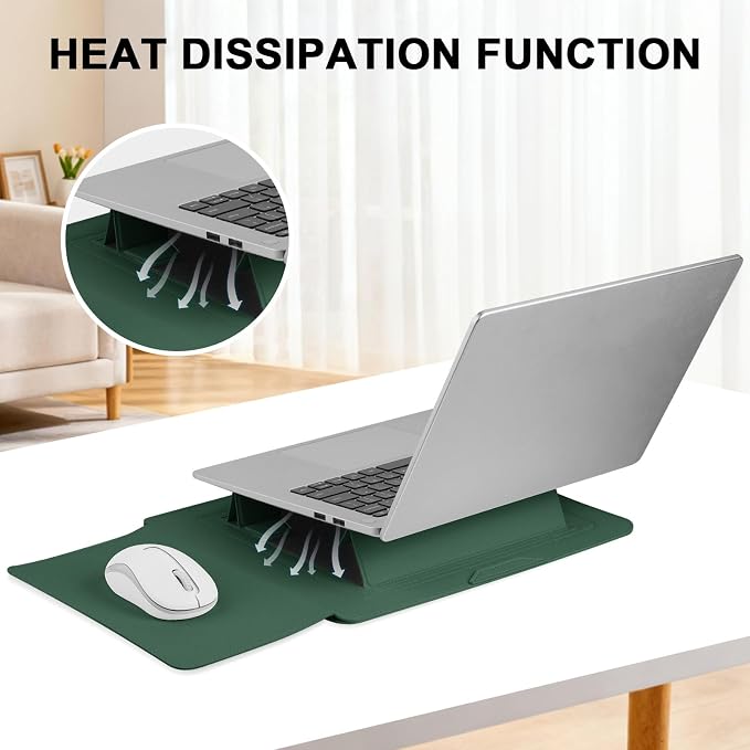 HoYiXi 15.6" Laptop Sleeve Case PU Leather with Stand Compatible with MacBook Pro 16/15.4'' MacBook Pro 15, Mac Air 15/ Dell, Matebook,Asus,15-16'' Laptop Bag,(Patent Pending),Dark Green