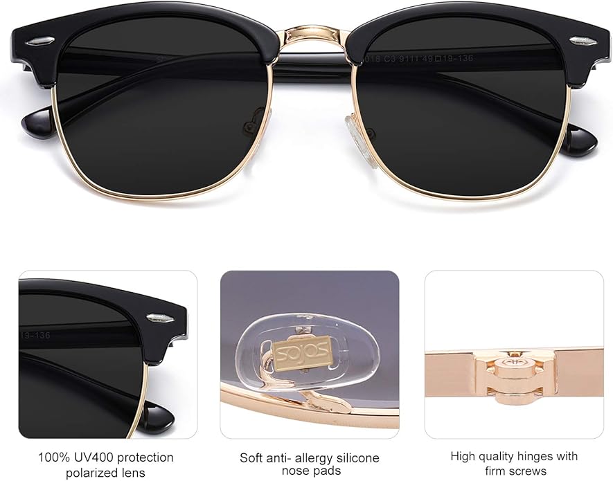 SOJOS Retro Semi Rimless Polarized Sunglasses Horn Rimmed UV400 Glasses SJ5018, Yellow Tortoise Frame/Green Lens