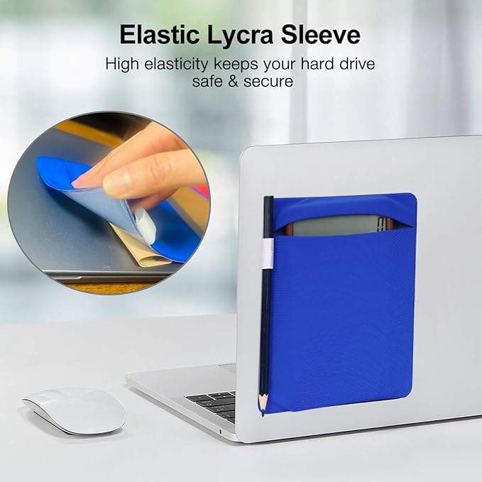 RIVEENY Portable Hard Drive Sleeve for Laptop, Adhesive Pouch for Laptop, Compatible with External Portable SSD, USB Cable Battery Pack, Wireless Mouse, Cables, Earphones (Blue)