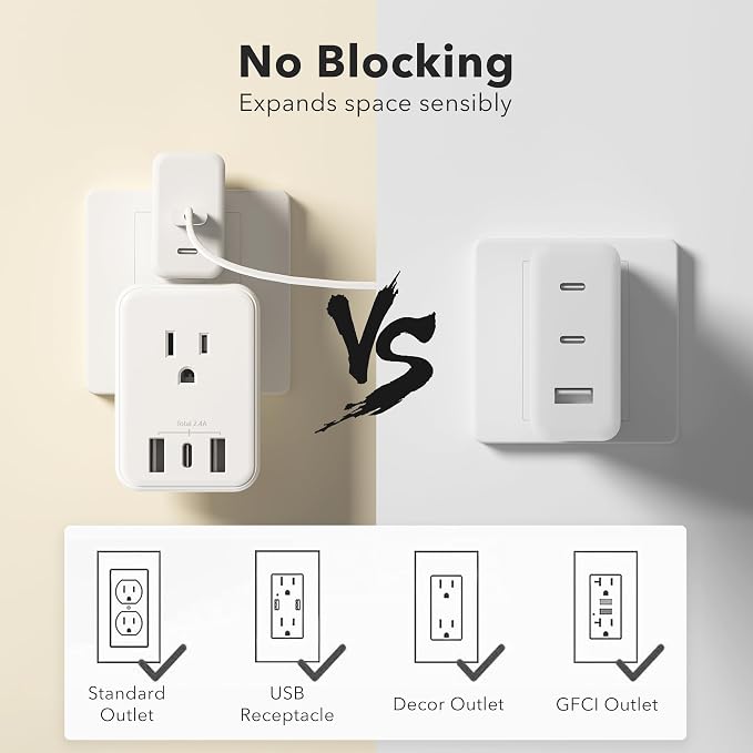 BN-LINK Multi Plug Outlet Extender with AC Outlets and USB Ports, Outlet Splitter with 3 USB Ports (1 USB C), Wall Charger Adapter for Dorm, School, Travel, Office, Home (4 Outlets (Pack of 1))